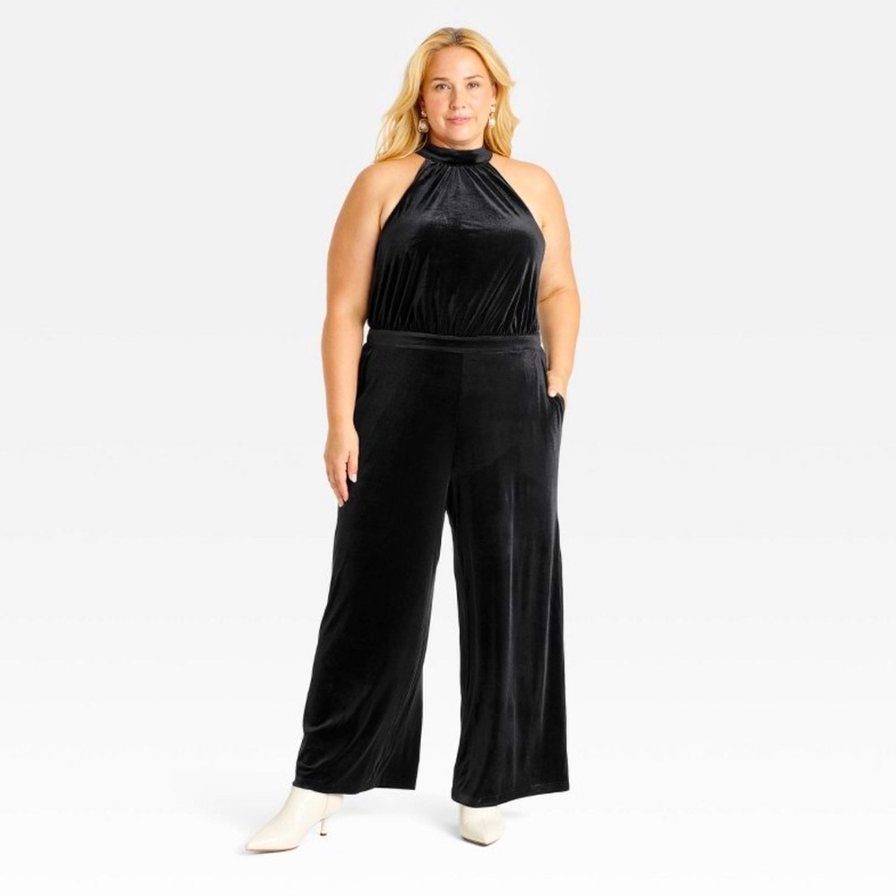 A New Day Black Velvet Jumpsuit with POCKETS! NWT